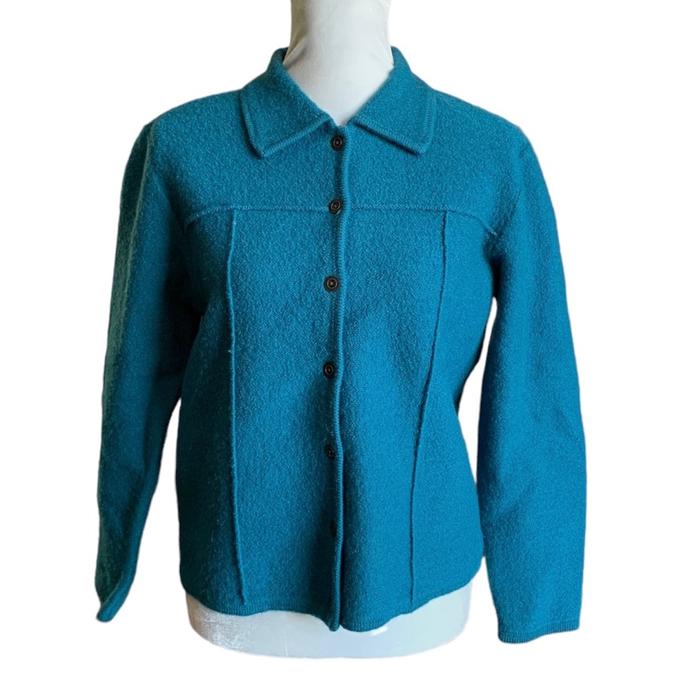 Karen Scott Petites Turquoise Caribbean Blue 100% Wool Button Up Jacket Shirt